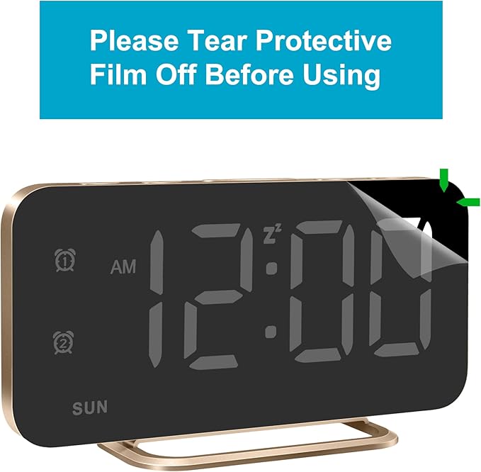 Slim LED Digital Alarm Clock, Mirror Surface for Makeup, with Diming, Large Display, Easy Setting, USB Ports, Modern Decor for Bedroom, Desk, Xmas, Birthday Gift for Women, Sister, Teen Girl, Gold