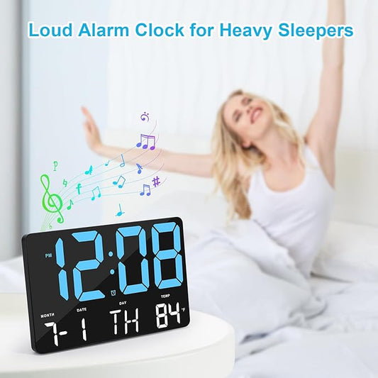 Amgico Digital Alarm Clock with Snooze, Temperature, Auto Dimming, 11.5" Large Display Calendar, Desk/Wall Clock for Bedroom, Living Room, Office, Home, Classroom, Kids, Elderly - Blue