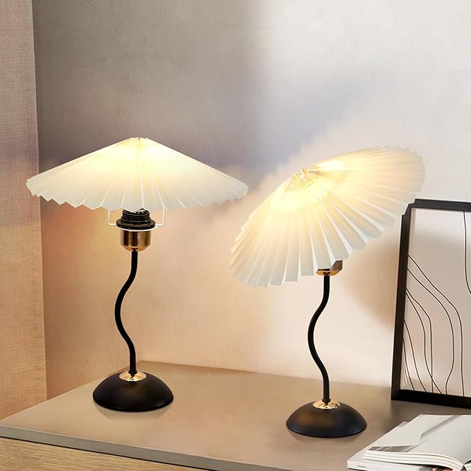 Arts Bedside Table Lamp for Bedroom, Cute Small Pleated Lamps for Nightstand, Vintage Lamp with Umbrella Shade, Decor Desk Reading Lamps for Living Room Kids Room Dorm Office with E26 LED Bulb