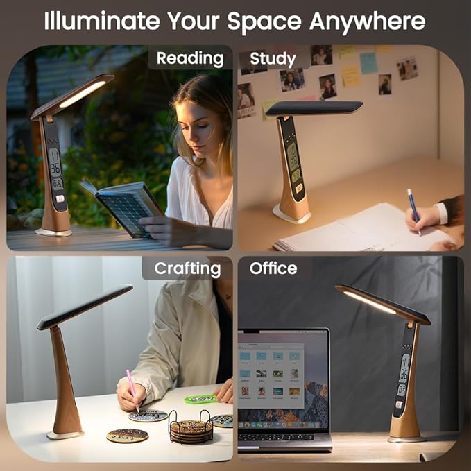 WILIT Rechargeable Lamps Cordless Table Lamp, Foldable Portable Desk Lamp - LED Battery Operated Lights with Stepless Brightness&Time Display for Office Lamp, Book Lights, College Dorm Essentials