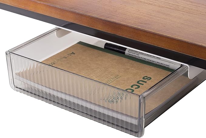 Under Desk Drawers for Organization, Pull Slide out Drawer Underneath Table With Lip, Attachable Under Shelf Pencil Drawer, Clear Light Black