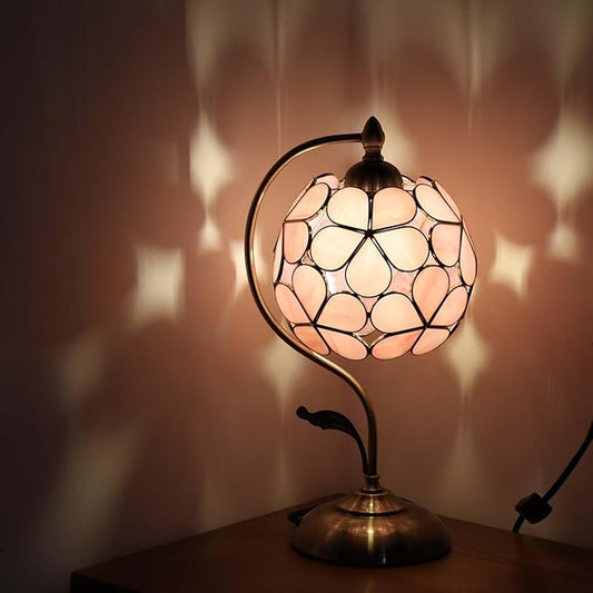 Bieye L10836 Tiffany Style Stained Glass Flower Petal Table Lamp with Brass Base for Home Décor (Pink, 8“ Flower Ball)