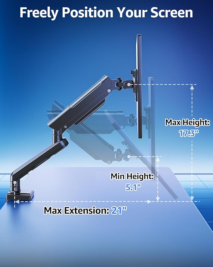 Single Monitor Mount for 22 24 27 32 inch Screen, Gas Spring Arm Holds 4.4-22 lbs, Monitor Desk Mount, Gaming & Home Office Use, VESA 75x75mm & 100x100mm, Freelift Pro Black