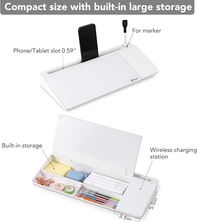 Varhomax Glass Desk Whiteboard with Wireless Charger, Desktop Dry Erase White Board with Storage, to Do List Memo Notepad for Home and Office