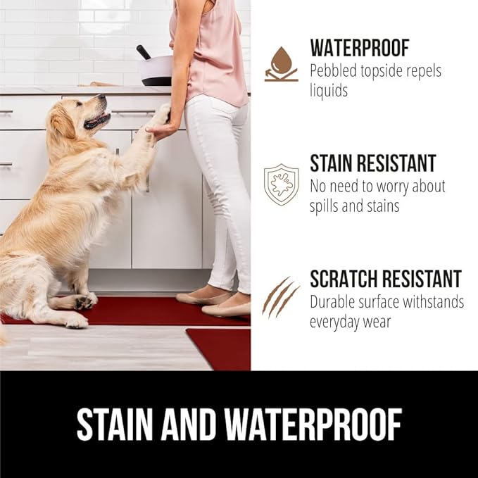 GORILLA GRIP 2 Pack Comfortable Cushioned Kitchen Mats for Floor, 17x29 + 17x59, Waterproof and Stain Resistant, 1/2 Inch Thick Ergonomic Standing Desk Anti Fatigue Mat, Foam Supports Feet, Red