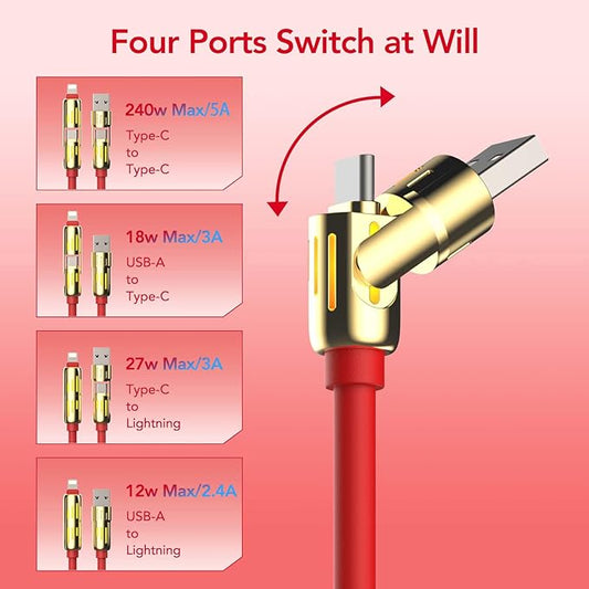 MFish 4-in-1 Universal USB Charging Cable with Carrying Case – 240W Max Fast Charger Cord, USB-A, Dual USB-C & Lighting, for iPhone 14/15/16/17 Series, iPad & MacBook and More (Red, 6.6Ft)