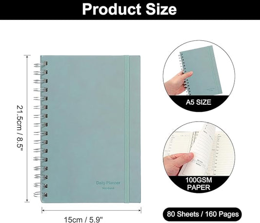 PATIKIL Undated Daily Planner with Hourly Schedule, A5 5.5"x 8.5" To-Do List Hard Cover Spiral Notebook Appointments Planner with Inner Pocket to Organize Daily Tasks Agendas, Haze Blue