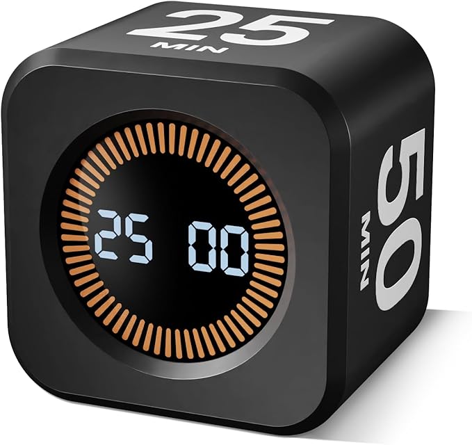 Rotating Pomodoro Timer, 5/10/25/50 Minutes, Countdown & Stopwatch, Desk Productivity, ADHD Tool Cube Flip Timer, Adjustable Silent, for Study, Work, Kitchen (Black)