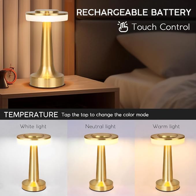 Cordless Metal Desk Lamp, Touch Sensor Control LED Table Lamp,3 Color Stepless Dimmable Battery Powered Lamp for Living Room, Dorm, Home Office (Gold)