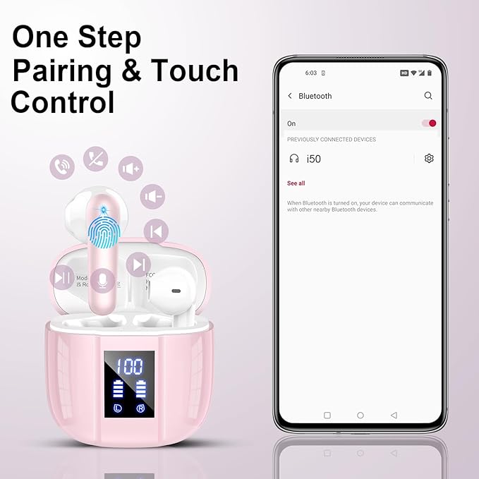 Wireless Earbuds, Bluetooth 5.4 Headphones, 48H, Stereo Ear Buds, LED Display Earphones with Mic, IP7 Waterproof In EarBud, Comfort Fit, Bluetooth Earbuds for Phone Android iOS, Sport, Walk, Pink