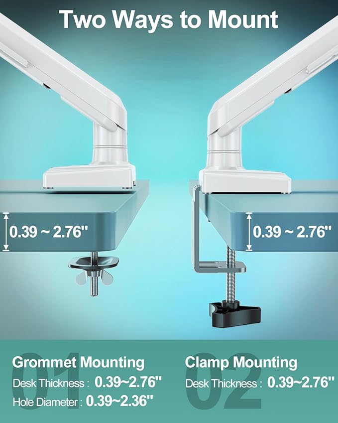 Dual Monitor Desk Mount, 13-32 inch Adjustable Gas Spring Monitor Arm, Computer Display Stand Holder with Clamp and Grommet Base, Fits 4.4 to 22lbs Screens, VESA Mount Bracket, White, Freelift Pro