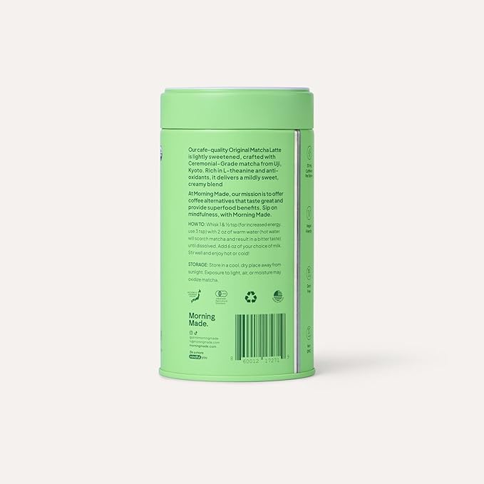 Morning Made Original Ceremonial Grade Matcha Powder | 8.46oz (240g) Resealable Tin | 60 Servings Premium Japanese Green Tea | Sweetened with Organic Sugar | Rich in Antioxidants & Energy Boosting