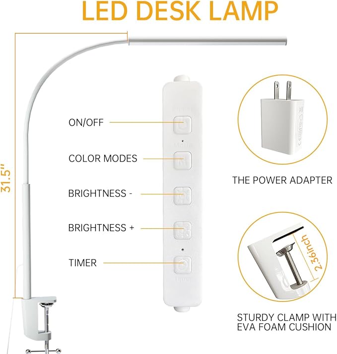 LED Desk Lamp with Clamp, Eye-Protection Clip on Desk Lamp, 5 Modes 10 Brightness Adjustment, 360°Flexible Gooseneck Lamp for Home Office, Lamps with USB Adapter,White