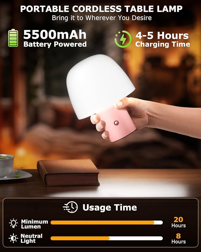 Portable LED Table Lamp, Cordless Desk Lamp Rechargeable, 3-Color Touch Stepless Dimming Night Light for Bedroom/Children's Room/Terrace/Dining Room/Cafe (Pink)