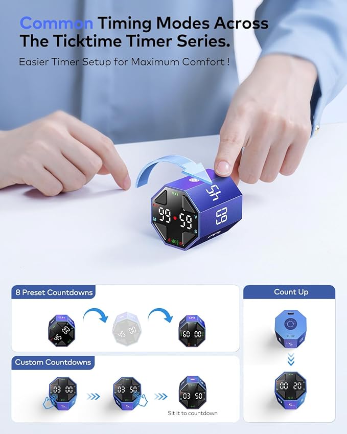 Pomodoro Timer Cube, Custom Pomodoro, Pause & Resume, Silent, Vibrate & Adjustable Sound Alert, for ADHD, Task, Work, Study, 3/5/10/15/30/45/60min & Custom Countdown, Blue