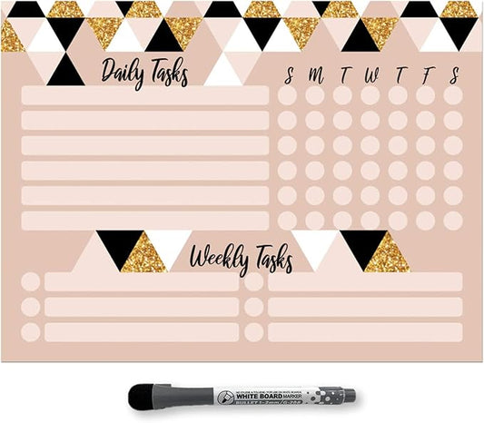 Dry Erase Whiteboard Task Planner | Removable and Restickable Adhesive Decal | Fine-Tip Magnetic Marker Included (9 x 12 inches, Triangles)