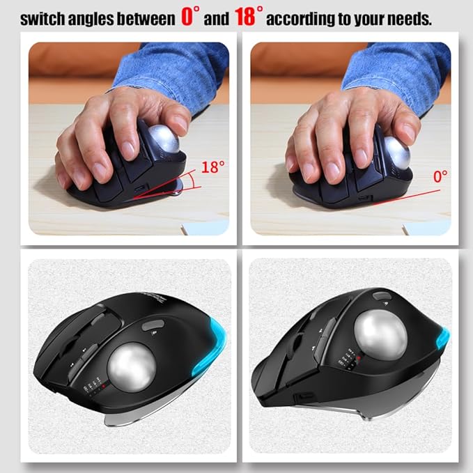 zelotes Wireless Trackball Mouse,Bluetooth Mouse,Rechargeable,4800 DPI, 2-in-1(BT 5.0/3.0+2.4GHz USB Receiver), 8 Buttons,Ergonomic Design,LED Lighting,for Laptop, PC, Pad,Black