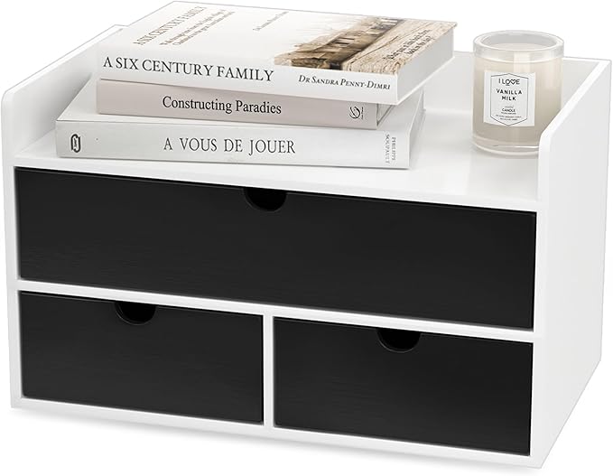 Wisuce Desk Organizer with Drawers - White-Black Bamboo Desktop Organizer Storage | Wood Desk Drawers Organizer for Bills, Office Supplies, Cosmetics, Seals No Assembled