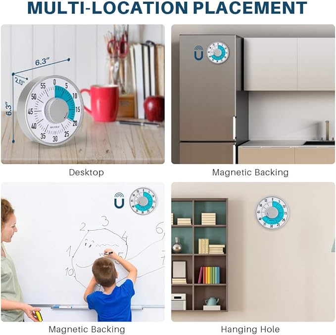 Secura 60-Minute Visual Timer 6-Inch Mechanical Countdown Timers for Teaching, Meeting, Cooking, Working - Timer for Kids with Magnetic Backing, Foldable Legs, Hanging Hole (Blue)