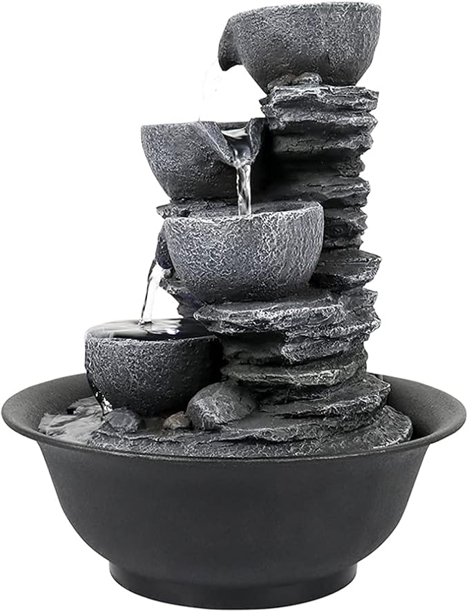10.6” High Cascading Tabletop Fountain w/LED Light - 4-Tier Bowls Rock Water Fountains Indoor Small Relaxation Waterfall Feature for Home, Office and End Table Decoration (10.6" high, Gray)