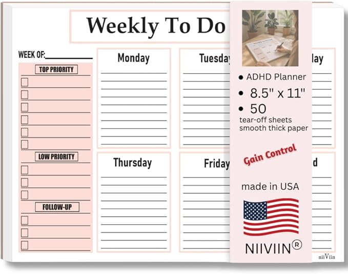 Weekly To Do List Notepad - Weekly Planner Notepad, ADHD Planner for Adults, 50 Tear-Off 8.5" x 11" Sheets, Extra Thick Backing