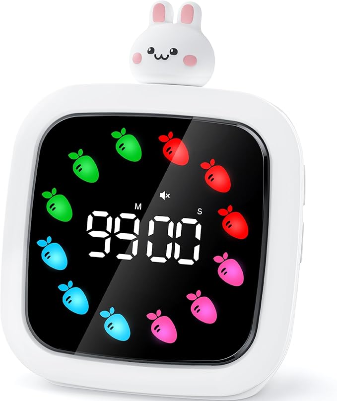 Yunbaoit Digital Visual Timer for Kids, Rechargeable 99-Minute Silent Countdown Timer with 19 Ringtones, 9 Optional DIY Color Carrot Display, Time Management Tool with Pause Function (Rabbit)