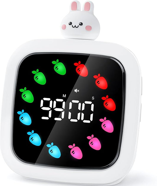 Yunbaoit Digital Visual Timer for Kids, Rechargeable 99-Minute Silent Countdown Timer with 19 Ringtones, 9 Optional DIY Color Carrot Display, Time Management Tool with Pause Function (Rabbit)