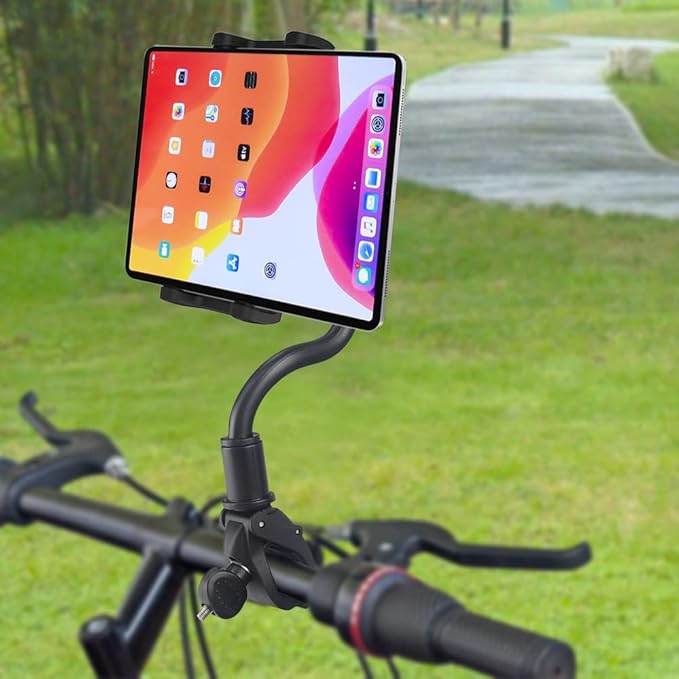 Tablet Holder Spin Bike Mount for 4-13" iPad Phone, 360° Gooseneck Stand for Treadmill Stationary Exercise Bicycle, Indoor Cycling Clamp for iPad Pro Air Mini, Galaxy Z Fold, Fire HD, iPhone