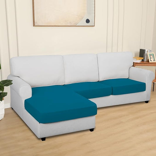 Easy-Going 100% Waterproof 3 Pieces Couch Cushion Covers for Sectional Sofa Left/Right L Shape Chaise Lounge Sofa Seat slipcover Anti-Slip Sofa Cover (2 Seater + 1 Chaise, Peacock Blue