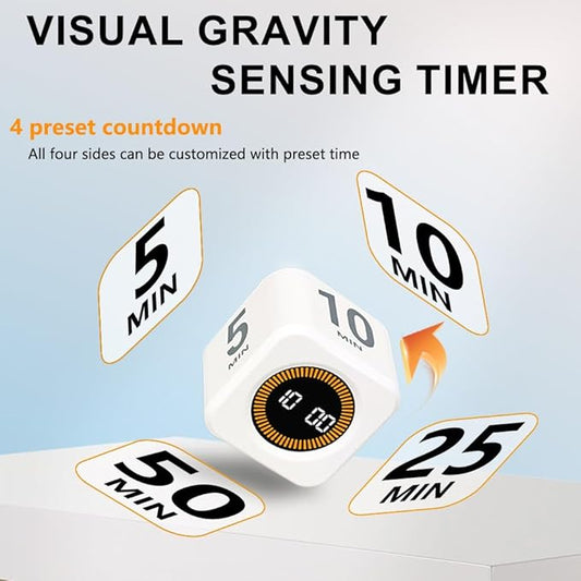 Visual Rotating Timer with 5, 10, 25 50 Minutes Preset, Desk Cube Count Down/up Timer, Rechargeable Custom-time Mute/Sound, Ideal for ADHD Work Learning Kitchen, White