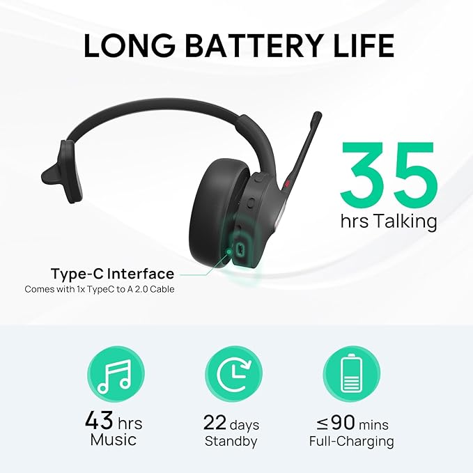 Yealink BH70 Mono Wireless Headset with Mic for Work, Bluetooth Headphone Teams Certified, up to 35h Talk Time, 91g Lightweight Comfort, USB-C to A