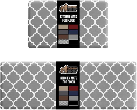 GORILLA GRIP 2 Pack Comfortable Cushioned Kitchen Mats for Floor, 17x24 + 17x48, Waterproof and Stain Resistant, 1/2 Inch Thick Ergonomic Standing Desk Anti Fatigue Mat, Foam Supports Feet, Grey White