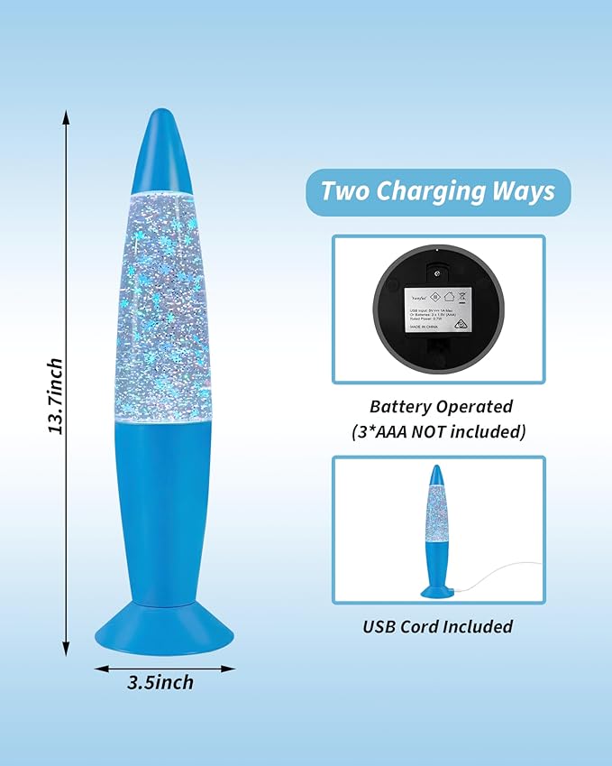 13 Inches Blue Glitter Lamp with Hexagonal and Pentagonal Sparkles Large Adored by Adults and Kids for Years, Glitter Blue Night Light for Boys Girls Bedroom Office Decor, Relaxing