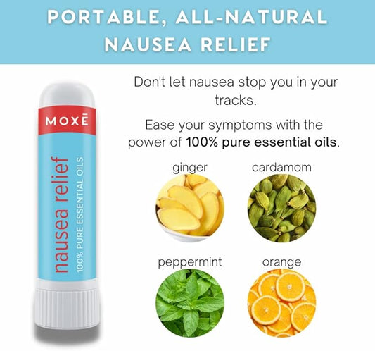 MOXE Nausea Nasal Inhaler Sticks, All Natural Essential Oil Blend, Ginger, Cardamom, Peppermint, Sweet Orange, Upset Stomach, Headaches, Easy-to-Use Portable Aromatherapy, Made in USA, 3 Pack