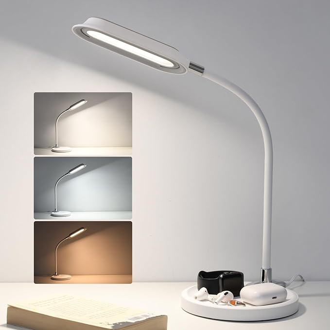 WILIT LED Desk Lamp, 800LM Bright Dimmable Table Lamp with 3 Color Modes, Bedside Lamp with Storage Base, Study Lamp with Adjustable Gooseneck, Reading Lamps for Home Office Dorm