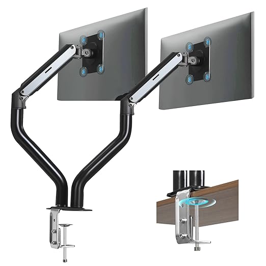 Lyngins Dual Monitor Stand, 17-32 inch Monitor Mounts for 2 Computer Screens, VESA Mount with 75/100 mm, Each Arm Supports Up to 20.94 lbs, Double Monitors Arm Desk Mount - Black