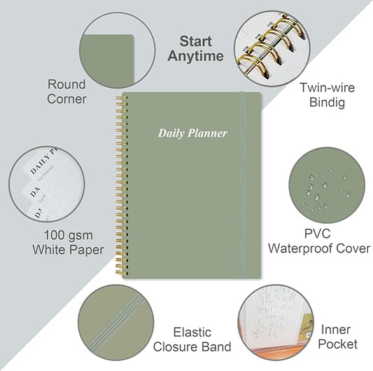 Daily Planner Undated - B5 To Do List Notebook Hourly Schedules, Spiral Appointment Planner for Women and Men, PVC Hardcover, Inner Pocket, Elastic Closure, 7" x 10", Green