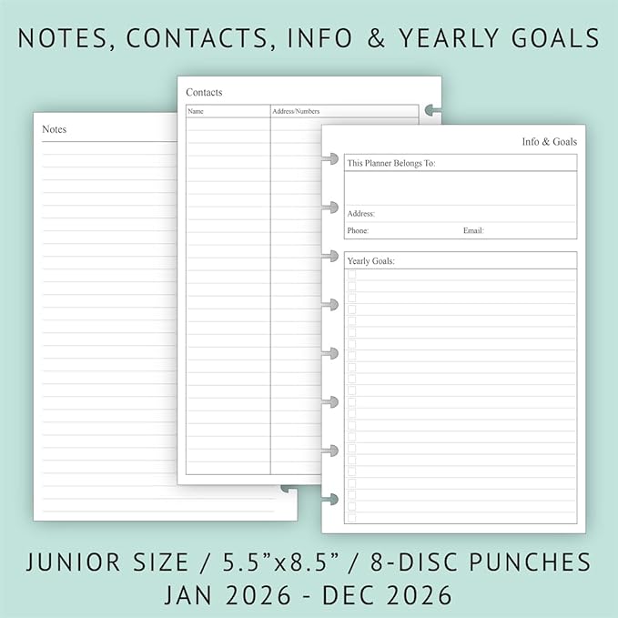 2026 Weekly & Monthly Planner Refill for 8-Discbound Planners, Two Pages Per Week, Junior Size, 5-1/2"x8-1/2"