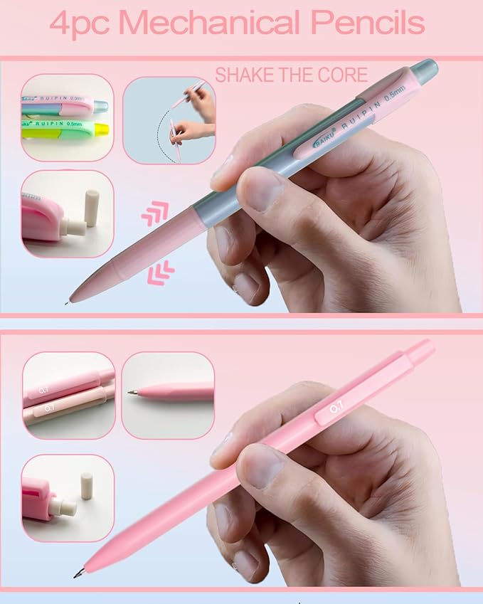 53PCS Aesthetic School Supplies with Large Pencil Case,12 Pastel Highlighters,5 Black & 6 Color Ink Gel Pens,2 Inspirational Stylus Ballpoint Pens,4 Mechanical Pencils 0.5-0.7mm Student Essentials