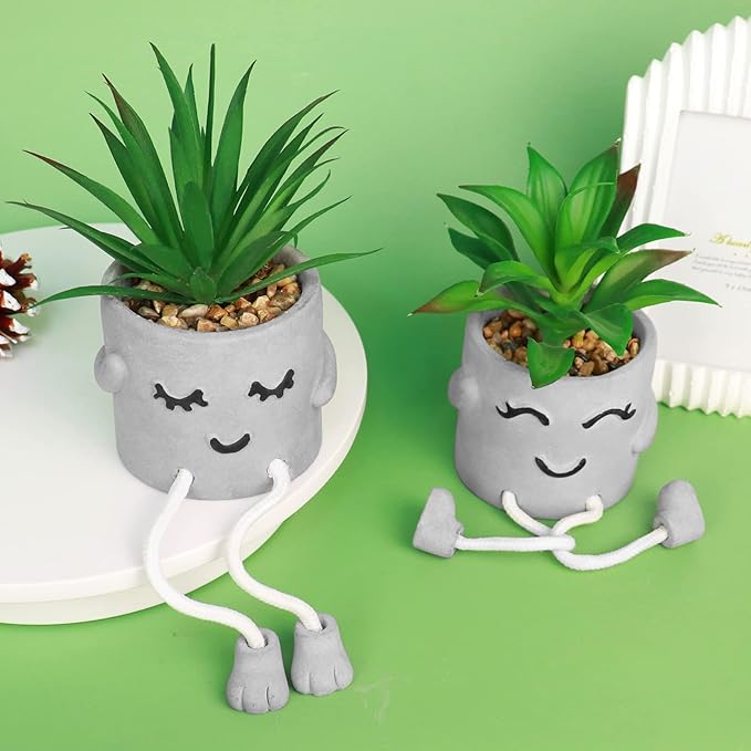 Zerzsy Faux Succulents in Cement Pots with Hanging Leg, Potted Mini Fake Plants for Desk Decor, Kitchen Shelf Decor, Office Decoration for Women, Bathroom Shelf Plants Decoration- Set of 2