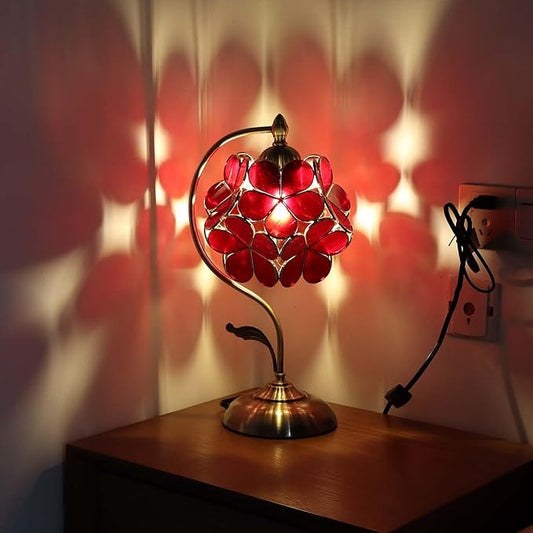 Bieye L10874 Tiffany Style Stained Glass Flower Petal Table Lamp with Brass Base for Home Décor (Red, 8" Cherry Blossom)