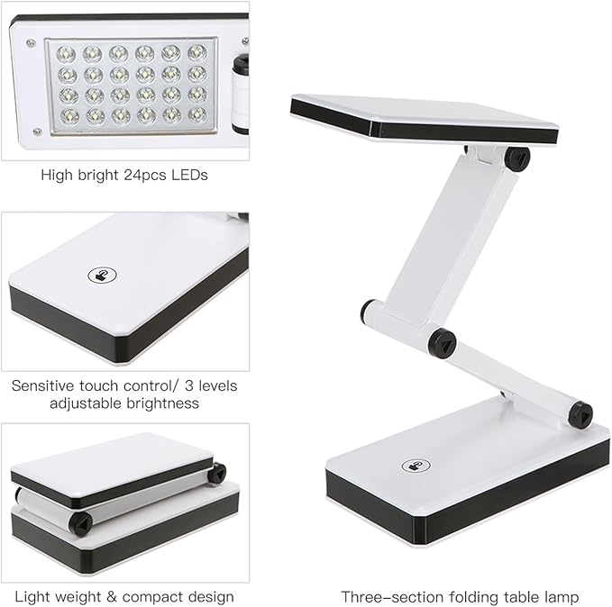 Lixada Foldable LED Desk Lamp Portable LED Table Lamp Folding Light Sensitive Touch Control 3 Levels Adjustable Brightness Battery and USB Powered for Travel Studing Home Office School(2 Packs)