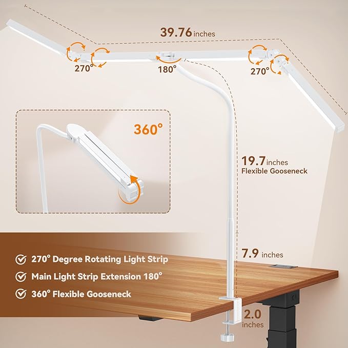 Led Desk Lamp with Clamp: Architect Desk Lamp for Home Office, Eye Caring Double Head Computer Monitor Gooseneck Desk Light with Remote Control - 24W Flexible Dimmable Desktop Table Lamp White