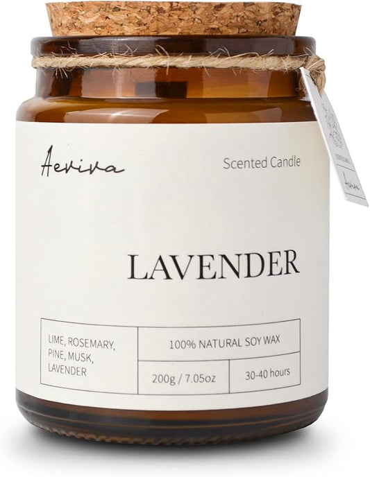 Scented Candle, 7.05 oz Lavender Aromatherapy Candle, Natural Soy Wax with Wooden Wick, Candles for Home Scented, Stress Relief Amber Jar Candle Gifts