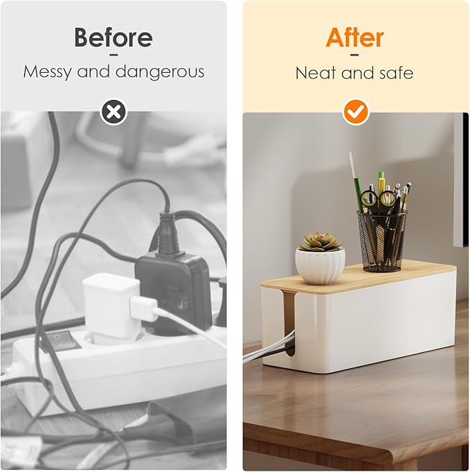 DELAMU 2 Pack Cable Management Box, Safe ABS Wood Grain Desk Medium and Small Cord Organizer, Baby Pet Proof Lock Cord Box Hider for USB Hub TV Wires Computer Desks and Power Strips