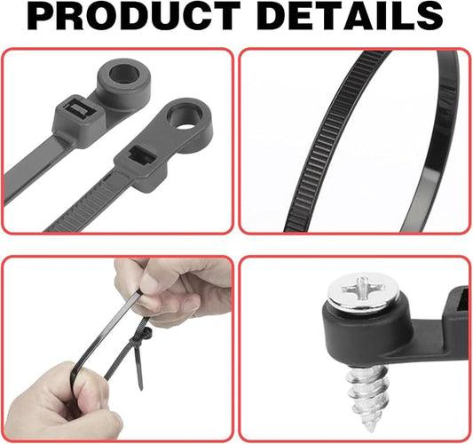 100 PCS Nylon Universal Cable Tie Buckle, Zip Ties With Screw Hole, with 50 PCS Screw Hole 75 lbs Mountable head Cable management Ties for Indoor & Outdoor Use