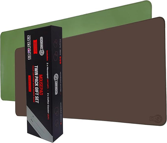 PU Leather Desk Mat| Premium Mouse Pad with Bonus Coaster | Stylish, Durable, Waterproof Mouse Pad for Office & Home (Brown+Green, XXL -PU Twin Set)