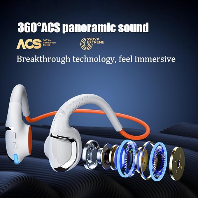 Orange Bone Conduction Running Headphones IPX7 Waterproof for Swimming 32G Music Memory 360°ACS Panoramic Sound Bluetooth 5.3 Open-Ear Headphones for Sports, Cycling, Driving