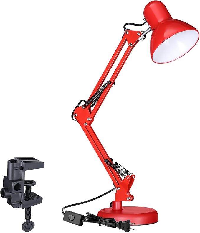 TORCHSTAR Metal Desk Lamp with Clamp, Swing Arm, Architect Adjustable Gooseneck Table Lamp, Clip Desk Lights for Home Office, Work, Study, Reading, E26 Base, Multi-Joint, Red