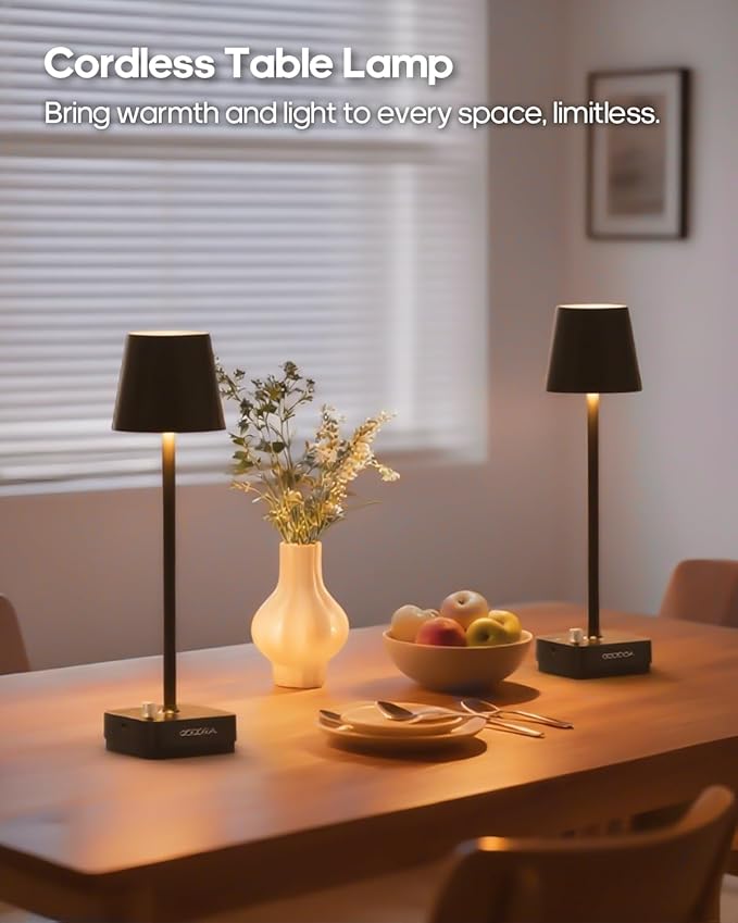 2 Pack Cordless Table Lamp with Charging Base, Rechargeable 6000mAh Battery Operated Lamp, 3 Color Dimmable Portable Table Light for Restaurant, Bedroom, Home, Kitchen Counter